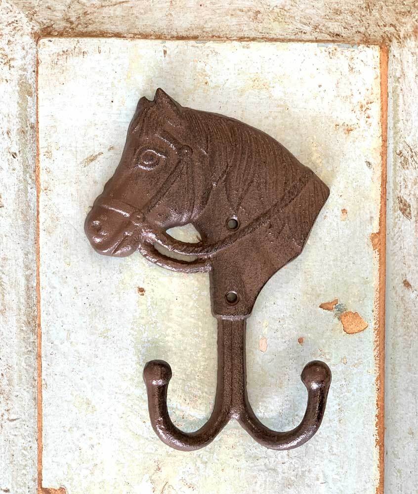 Trensenhalter Pferdekopf Garderobenhaken Pferd Doppelt 2 Haken Gusseisen Braun