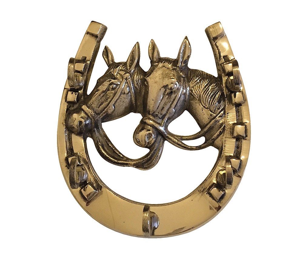 Schlüsselbrett Wandgarderobe Hufeisen Pferde Messing Antik-Stil 12x11cm