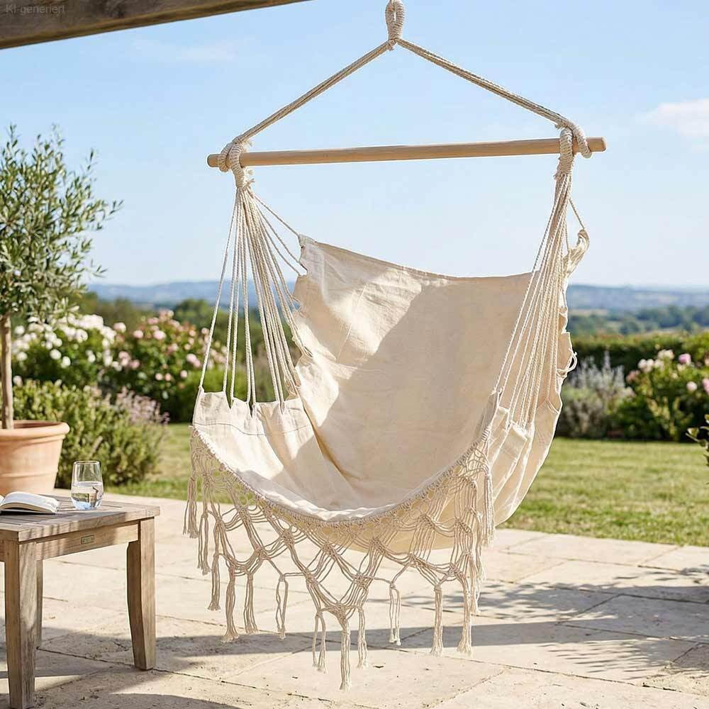 Hängesessel Ibiza Fransen Hängestuhl Beige Natur Boho Style Hippie Outdoor Camping