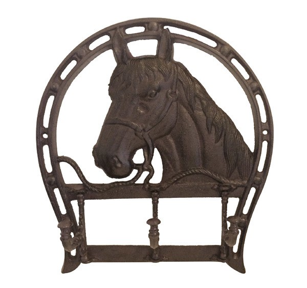 Große Wandgarderobe Pferd Hufeisen Gusseisen Antik-Braun 37x34cm