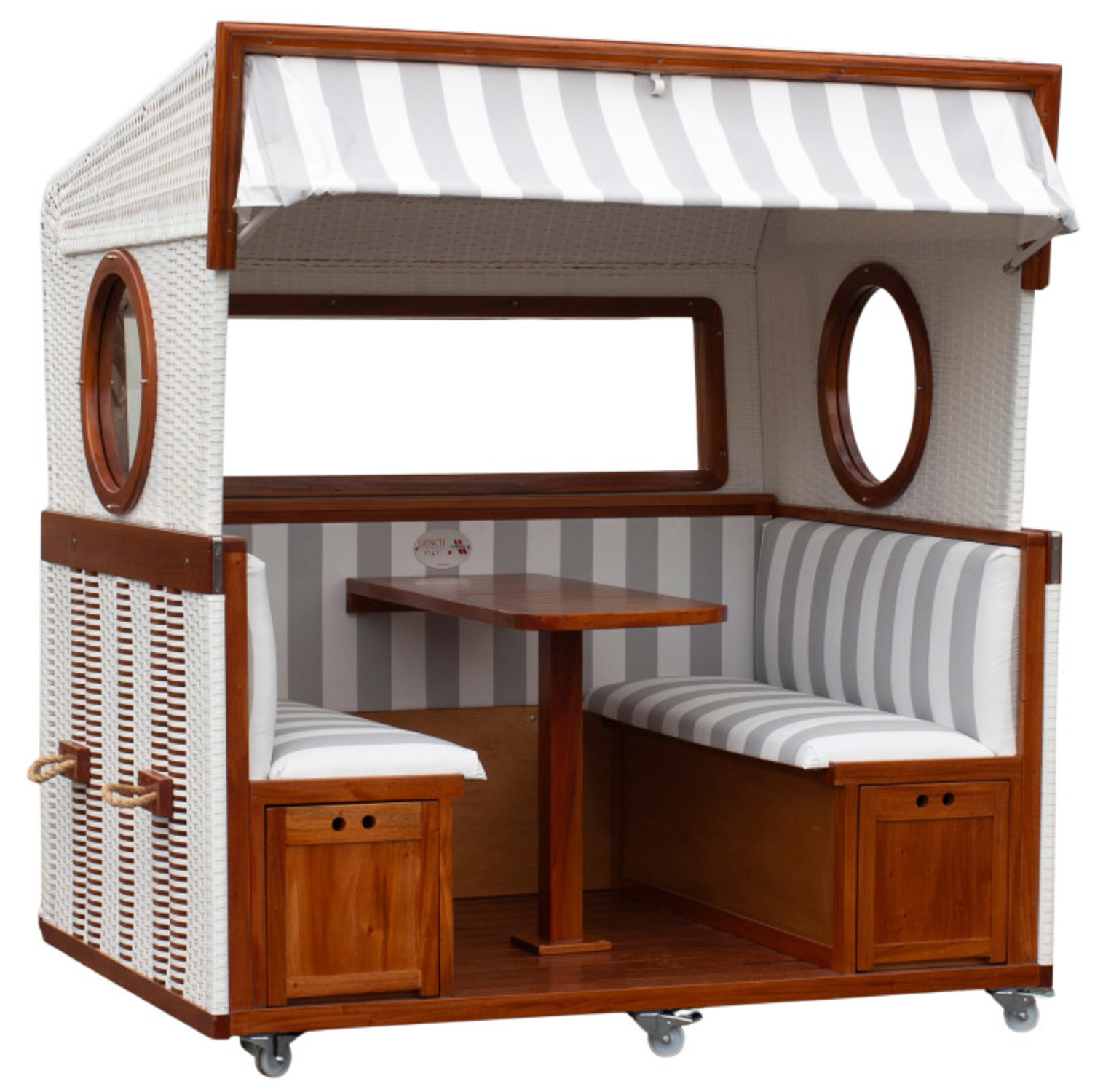 Gosch-Lounge Strandkorb 6-Sitzer durchgeflochten Mahagoni PVC Weiß ERA Dessin 989