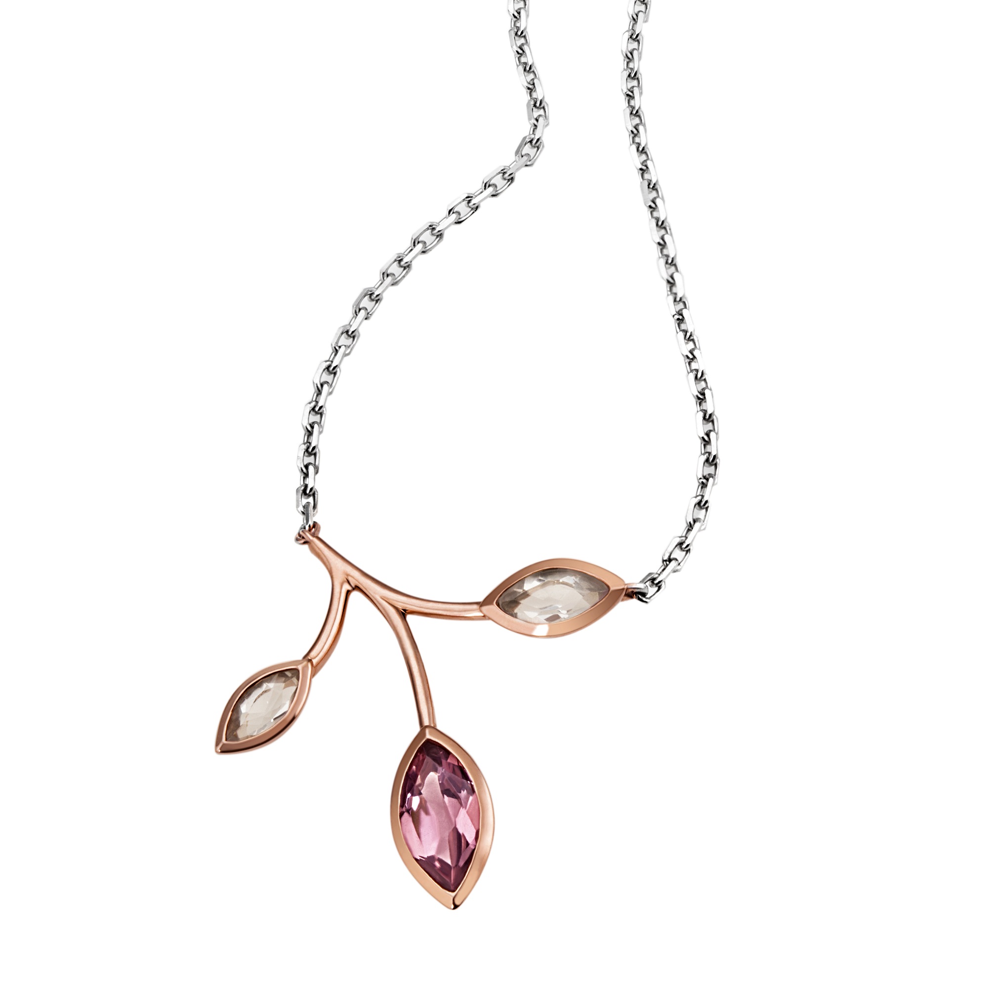 Damencollier 750 Rotweißgold 1 Turmalin 2 Rosenquarze 45 cm