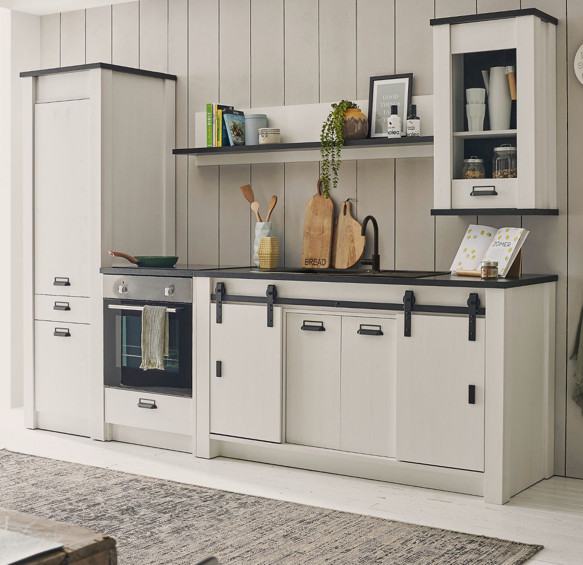 Küche Stove in weiß Pinie und anthrazit Landhaus Set 5-tlg.