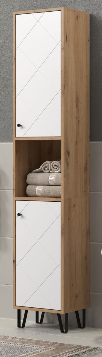 Badezimmer Hochschrank Touch in weiß matt Lack und Eiche 36 x 191 cm