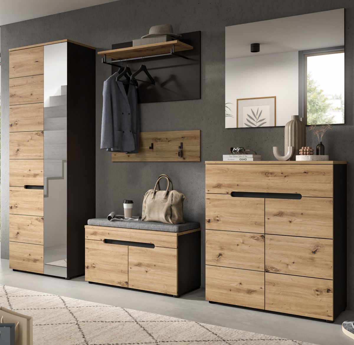 Garderobe Set 6-tlg. Cooper in Eiche und grau 255 cm