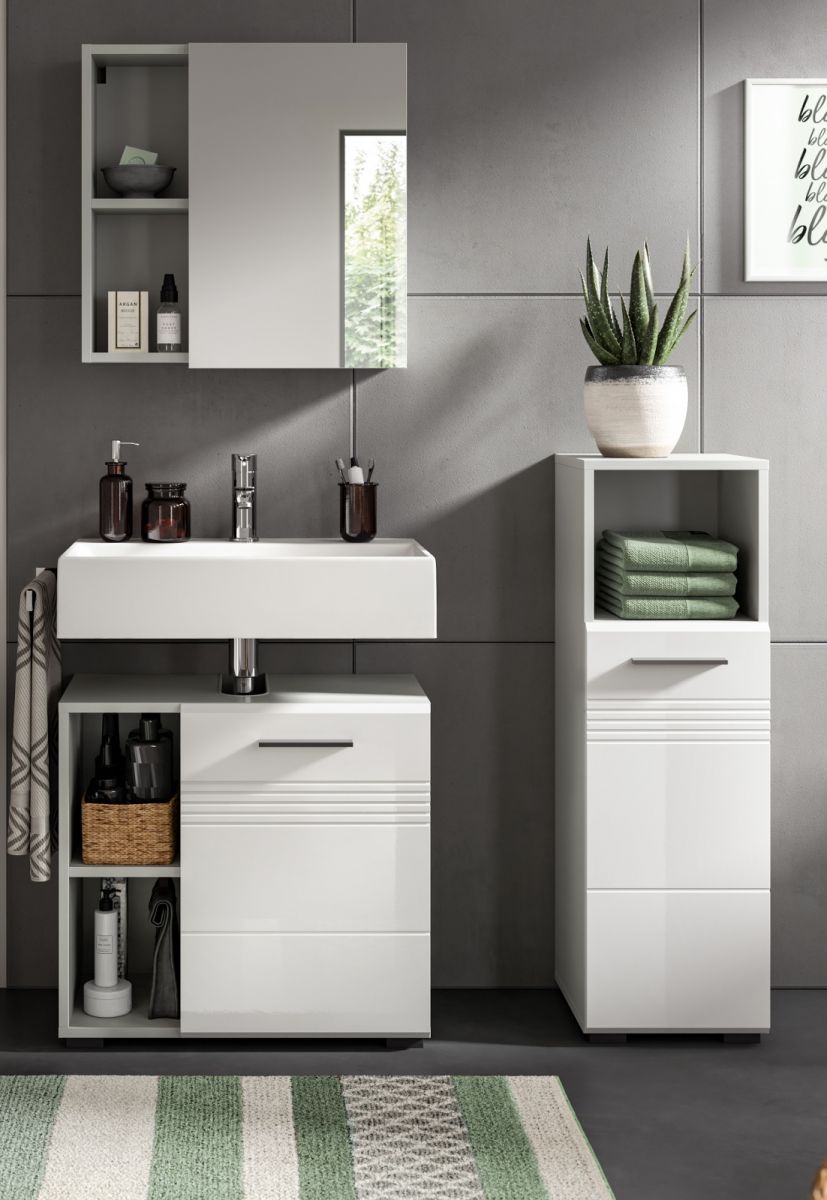 Badmöbel Set 3-teilig Carlo in weiß Hochglanz und grau 105 cm