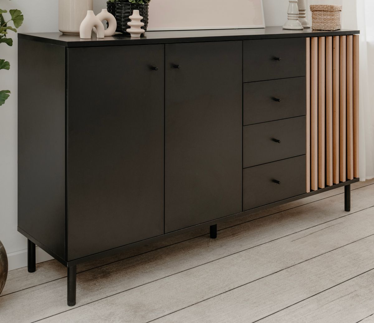 Sideboard Biella in schwarz und Eiche 160 x 90 cm