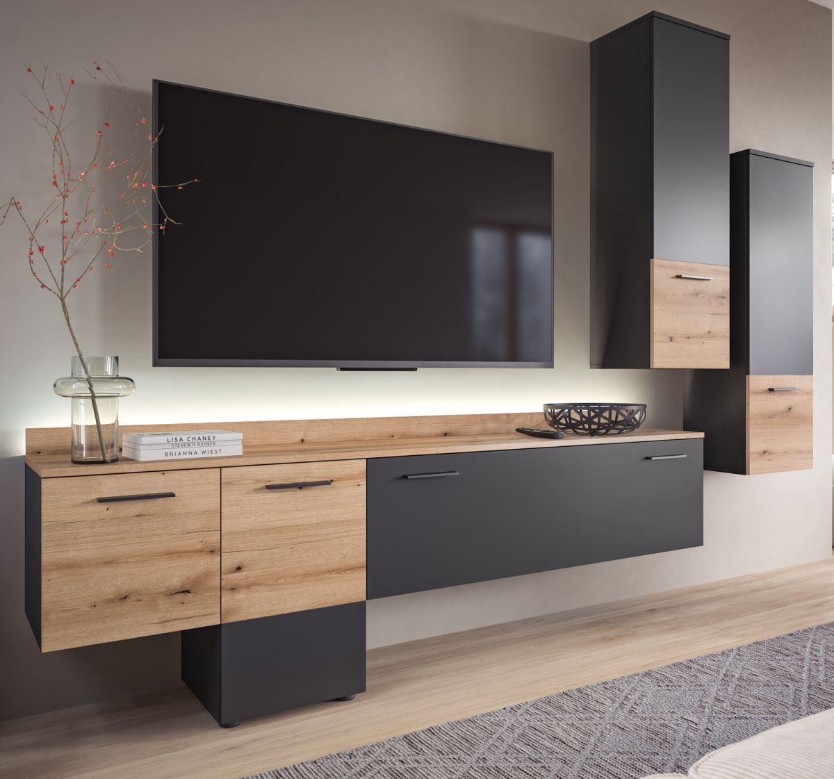 Wohnwand Elian in grau und Evoke Eiche 247 cm