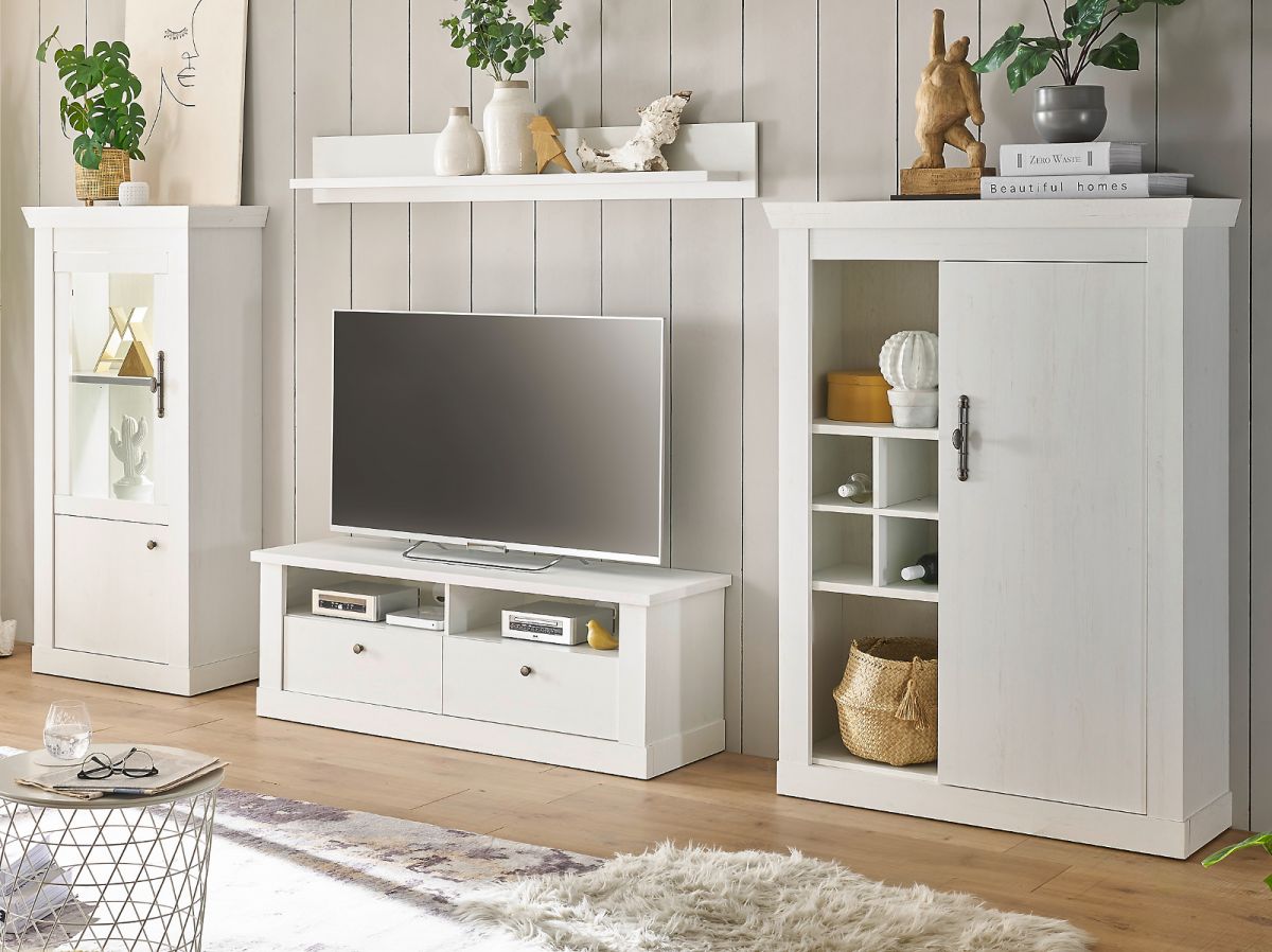 Wohnwand Fiastra in weiß Pinie Landhaus 327 cm