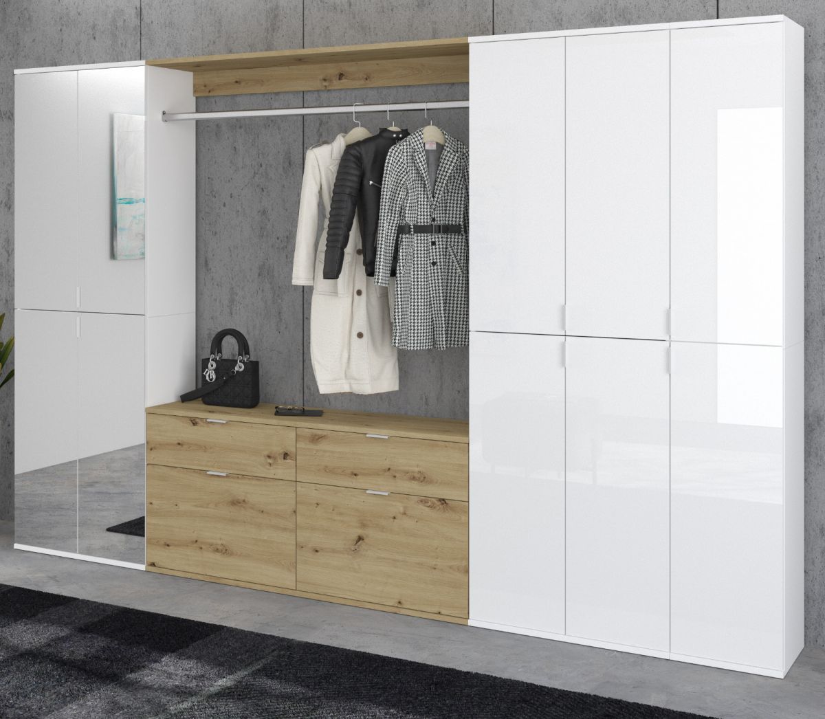 Garderobenschrank mit Spiegel SystemX in weiß Hochglanz und Eiche 273 x 193 cm