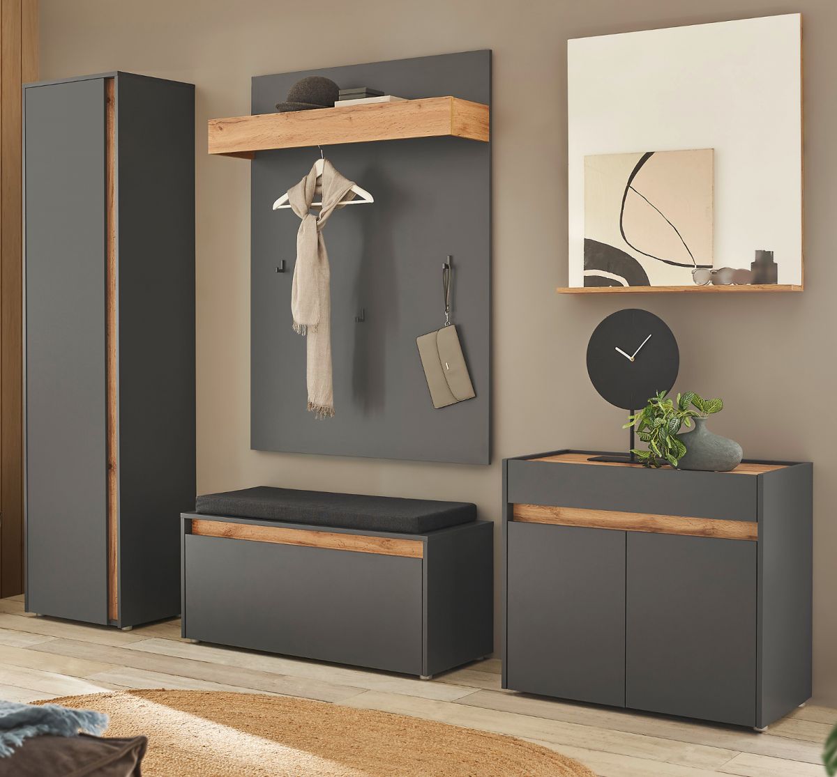 Garderobe Set 6-tlg. Center in grau matt und Eiche Wotan 260 x 200 cm