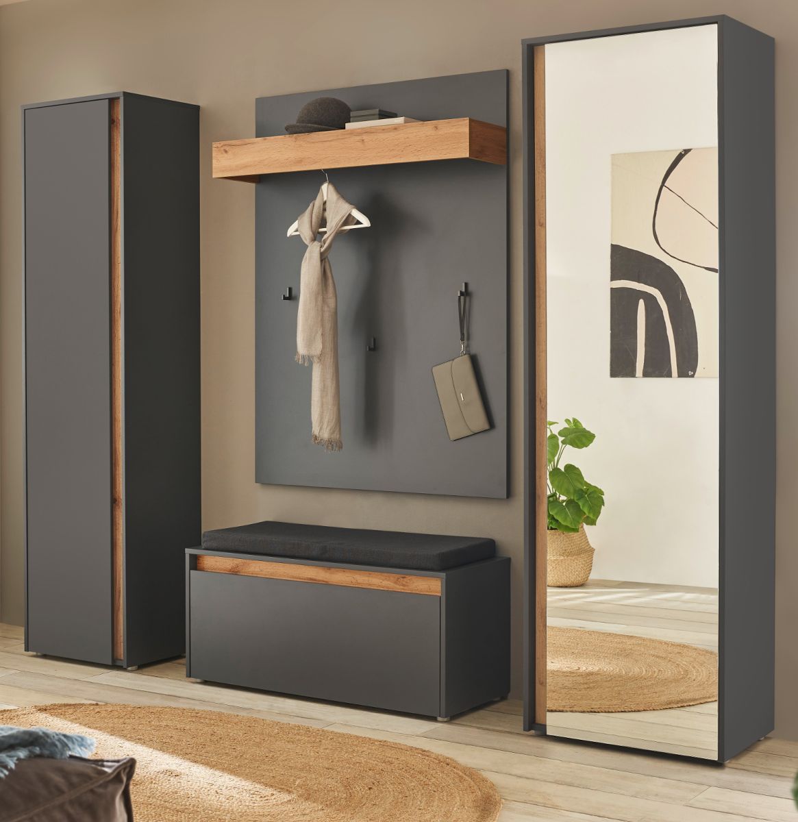 Garderobe Set 5-tlg. Center in grau matt und Eiche Wotan 230 x 200 cm