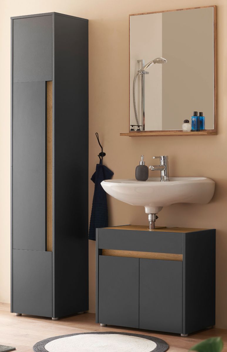 Badmöbel Set 3-teilig Center in grau matt und Eiche Wotan 114 cm