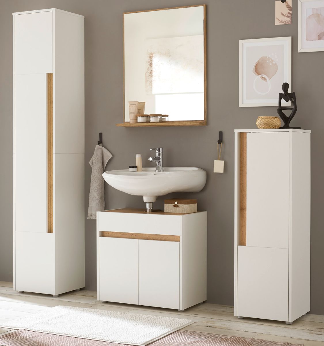 Badmöbel Set 4-teilig Center in weiß und Eiche Wotan 168 cm