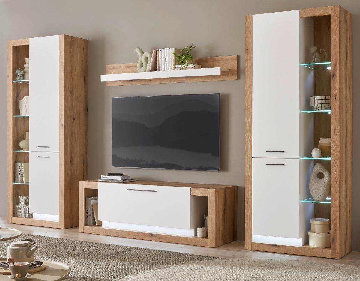 Wohnwand Rivian in weiß matt und Eiche 4-teilig 350 cm