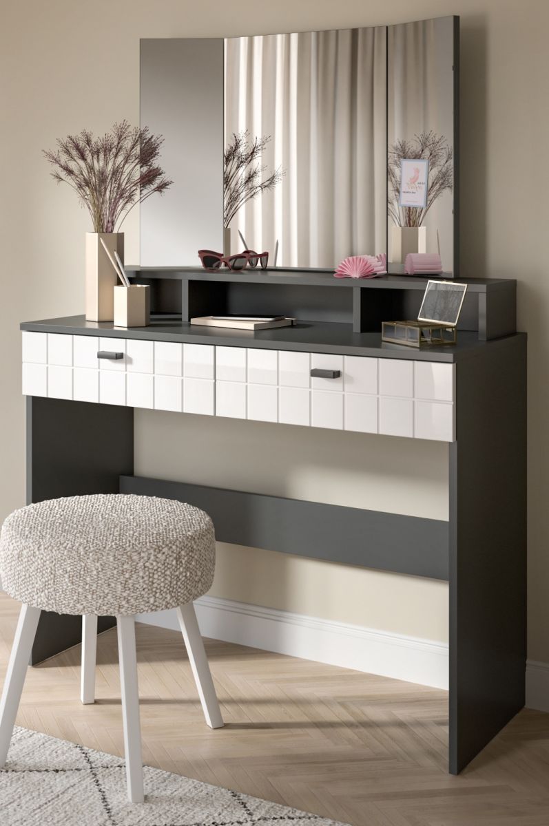 Schminktisch Hakon in weiß Hochglanz und grau 100 cm