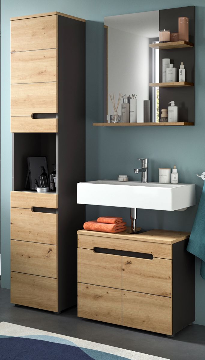Badmöbel Set Cooper in Eiche und grau 3-teilig 116 cm