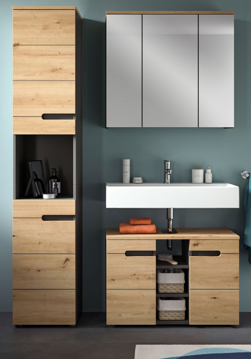 Badmöbel Set Cooper in Eiche und grau 3-teilig 133 cm