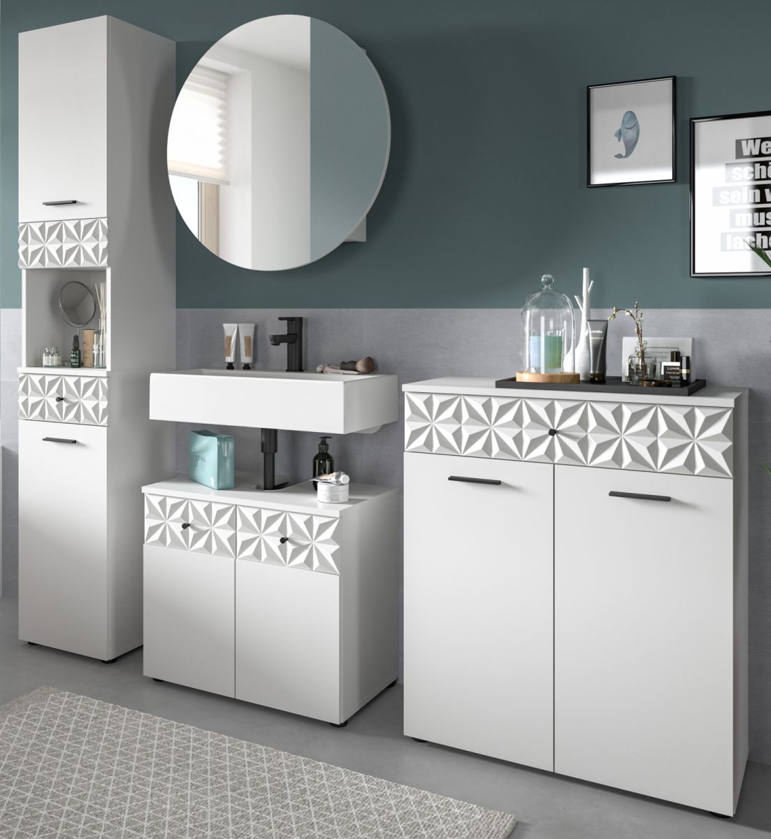 Badmöbel Set Relief in weiß Hochglanz 4-teilig 200 cm