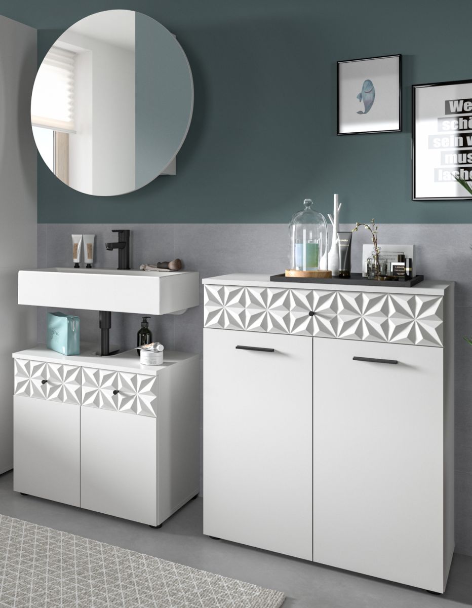 Badmöbel Set Relief in weiß Hochglanz 3-teilig 155 cm