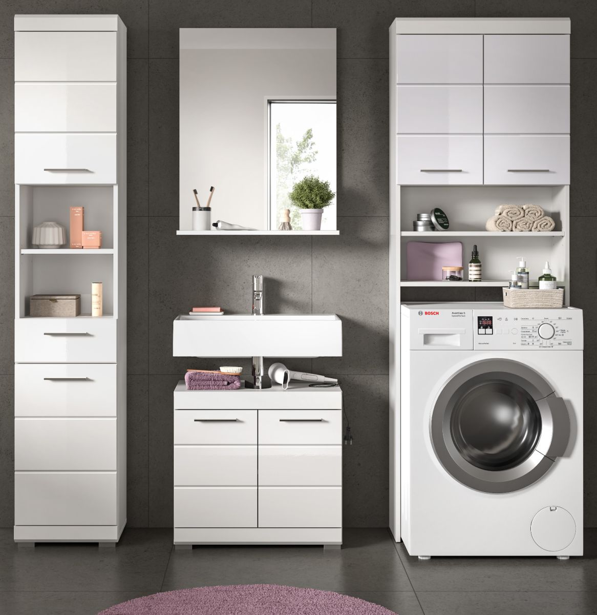 Badmöbel Set in Shawn weiß Hochglanz 4-teilig 190 cm