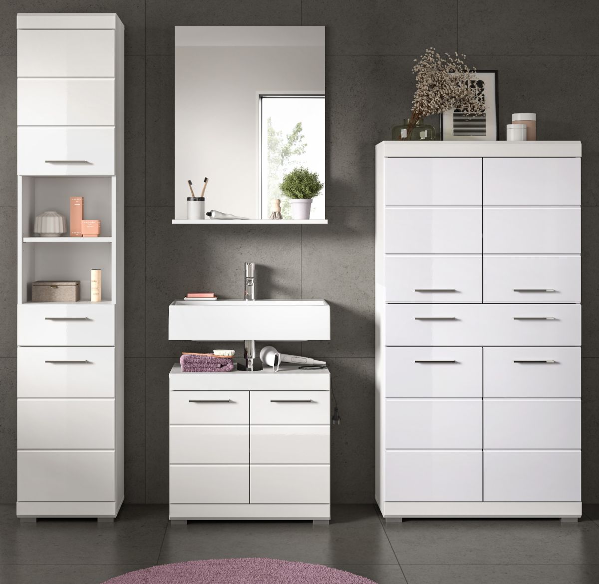Badmöbel Set in Shawn weiß Hochglanz 4-teilig 200 cm