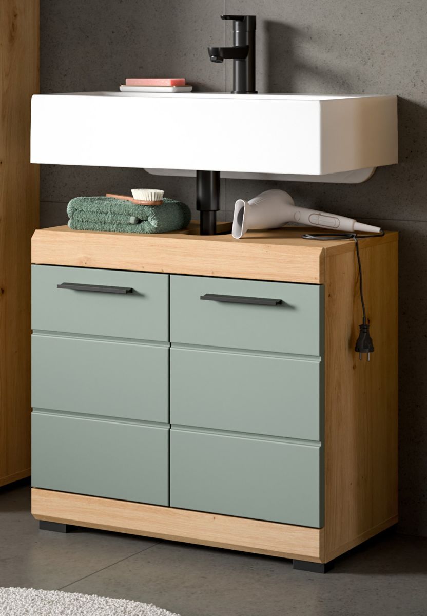 Waschbeckenunterschrank Shawn in grün und Eiche 60 cm