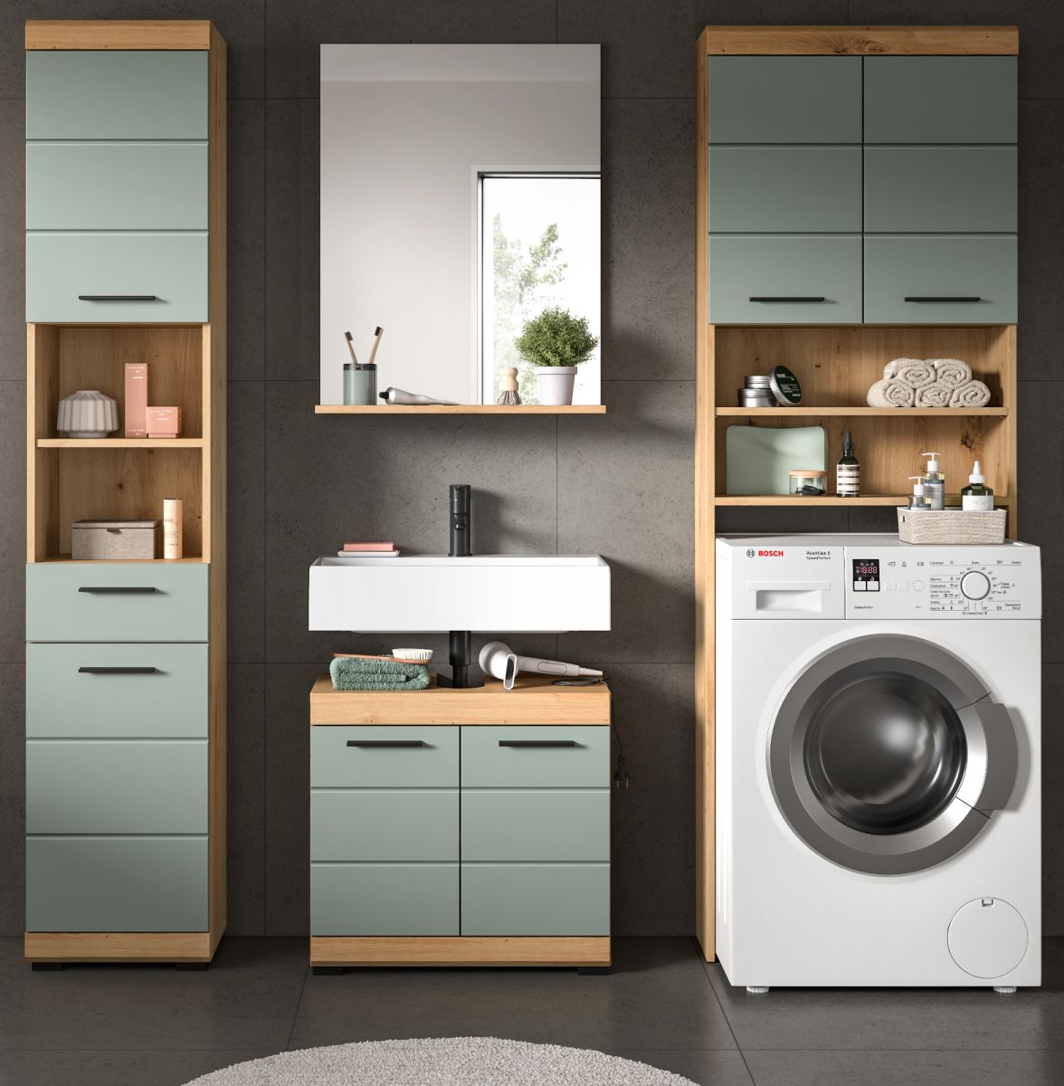 Badmöbel Set in Shawn grün und Eiche 4-teilig 190 cm