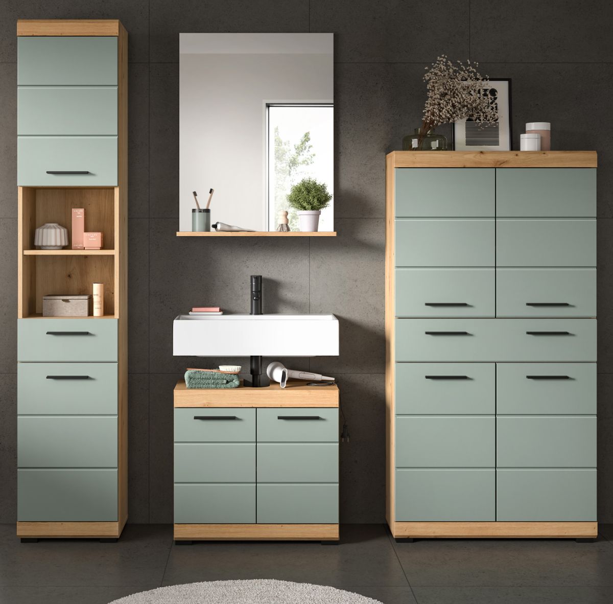 Badmöbel Set in Shawn grün und Eiche 4-teilig 200 cm