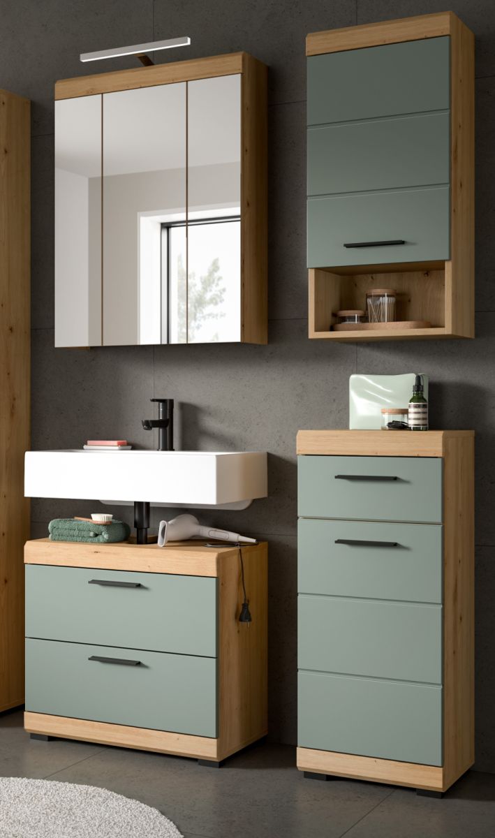 Badmöbel Set in Shawn grün und Eiche 4-teilig 112 cm