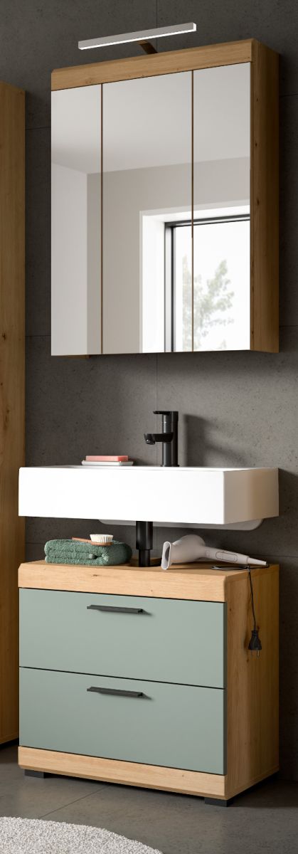 Badmöbel Set in Shawn grün und Eiche 2-teilig 60 cm