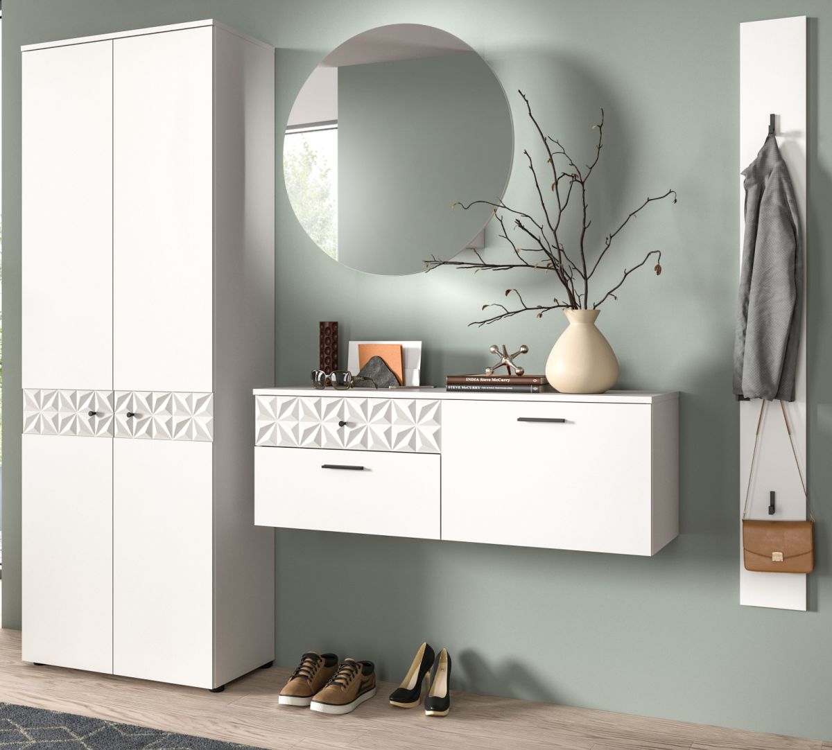 Garderobe Set Relief in weiß Hochglanz 226 cm