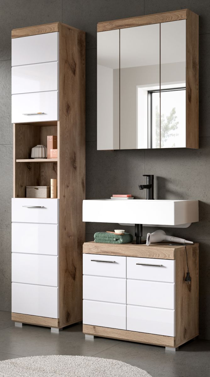 Badmöbel Set Willow in weiß Hochglanz und Eiche 3-teilig 112 cm
