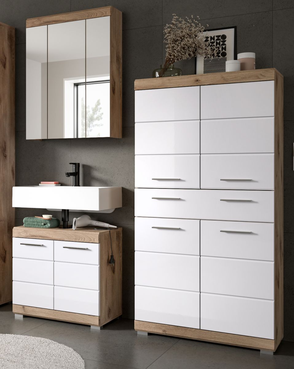 Badmöbel Set Willow in weiß Hochglanz und Eiche 3-teilig 149 cm