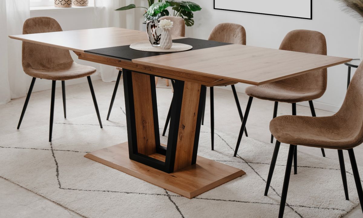 Esstisch Borja in Eiche und schwarz ausziehbar 160 - 200 x 90 cm