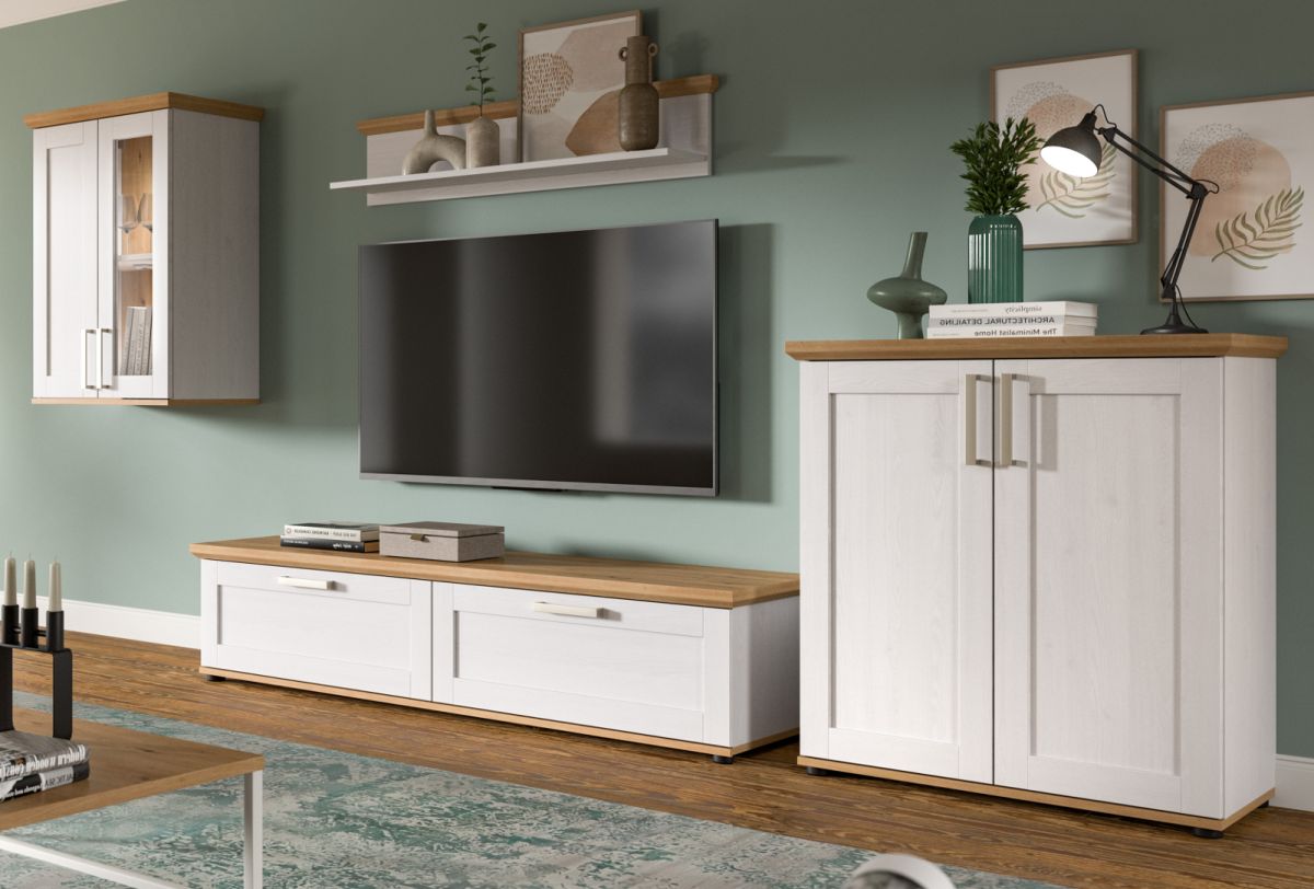 Wohnwand 4-teilig Mirano in weiß Lärche Landhaus 336 cm