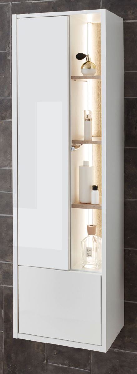 Badezimmer Hochschrank Glide in weiß Hochglanz und Eiche inkl. LED