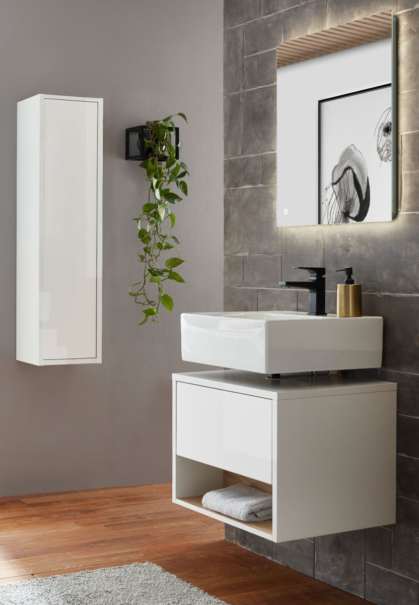 Badmöbel Set 3-teilig Glide in weiß Hochglanz und Eiche 100 x 190 cm