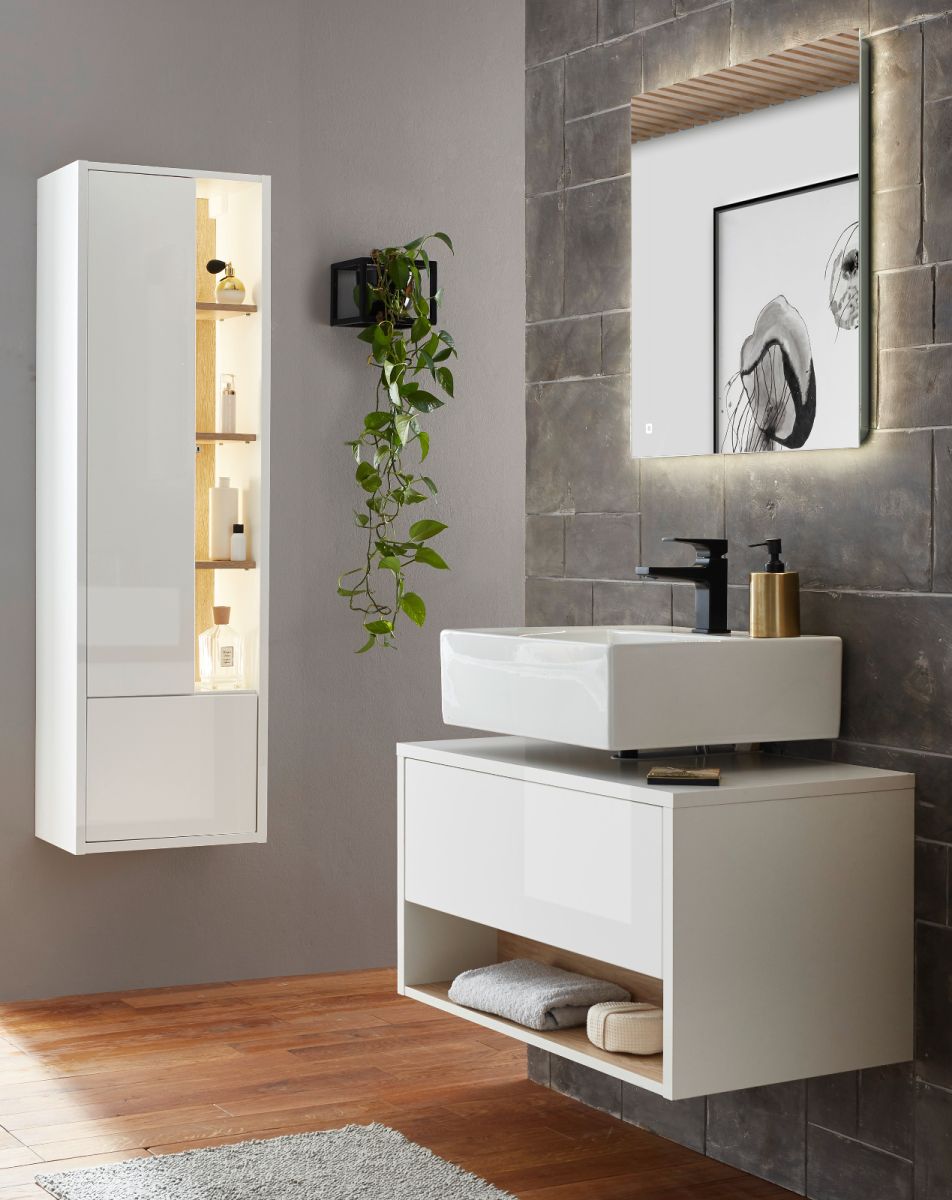 Badmöbel Set 3-teilig Glide in weiß Hochglanz und Eiche 135 x 190 cm