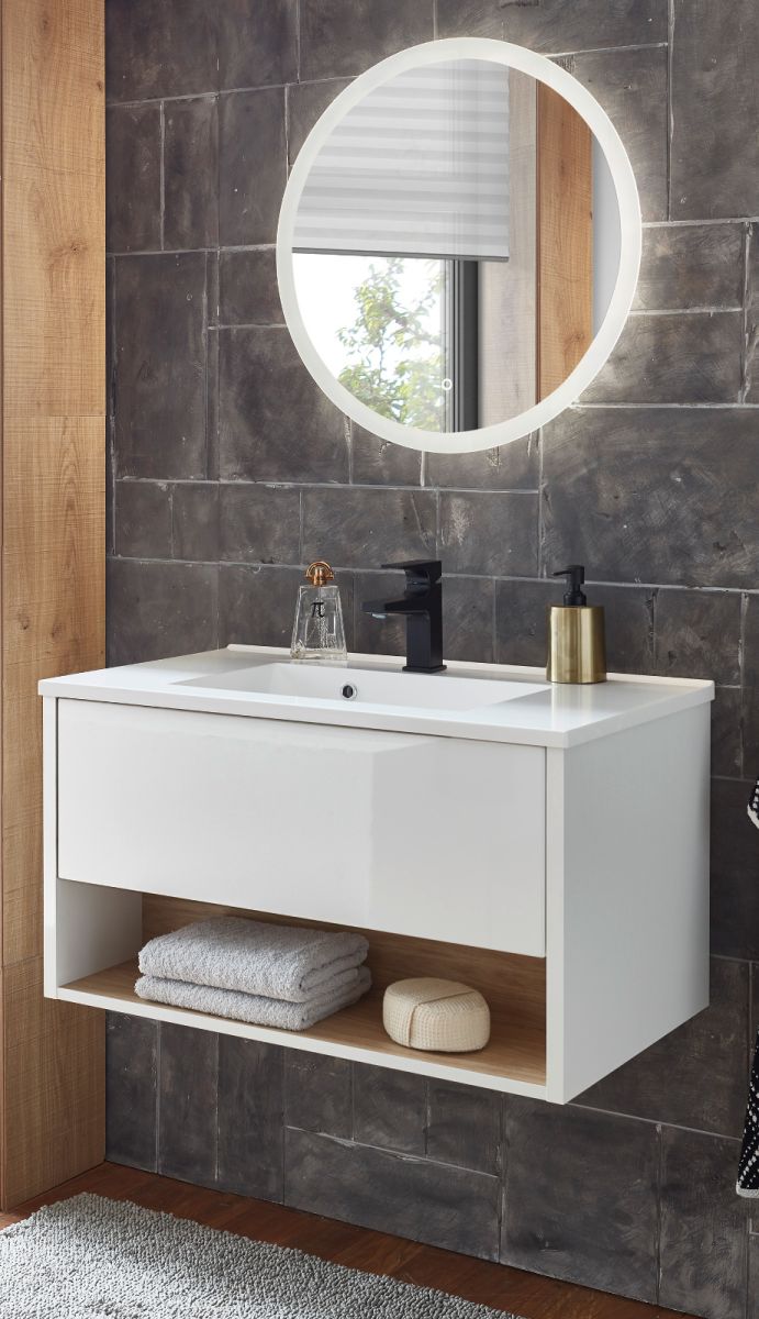 Badmöbel Set Glide in weiß Hochglanz und Eiche 80 x 190 cm