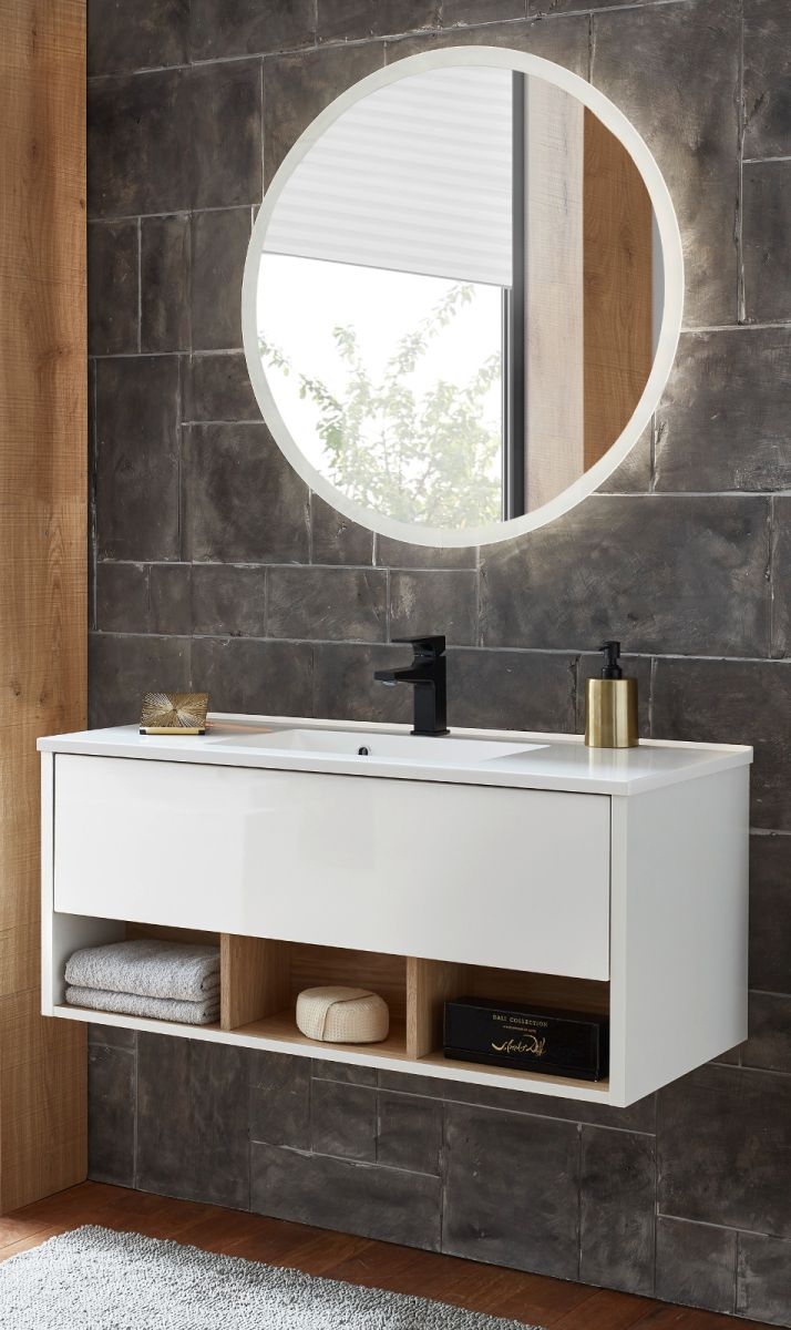 Badmöbel Set Glide in weiß Hochglanz und Eiche 100 x 190 cm