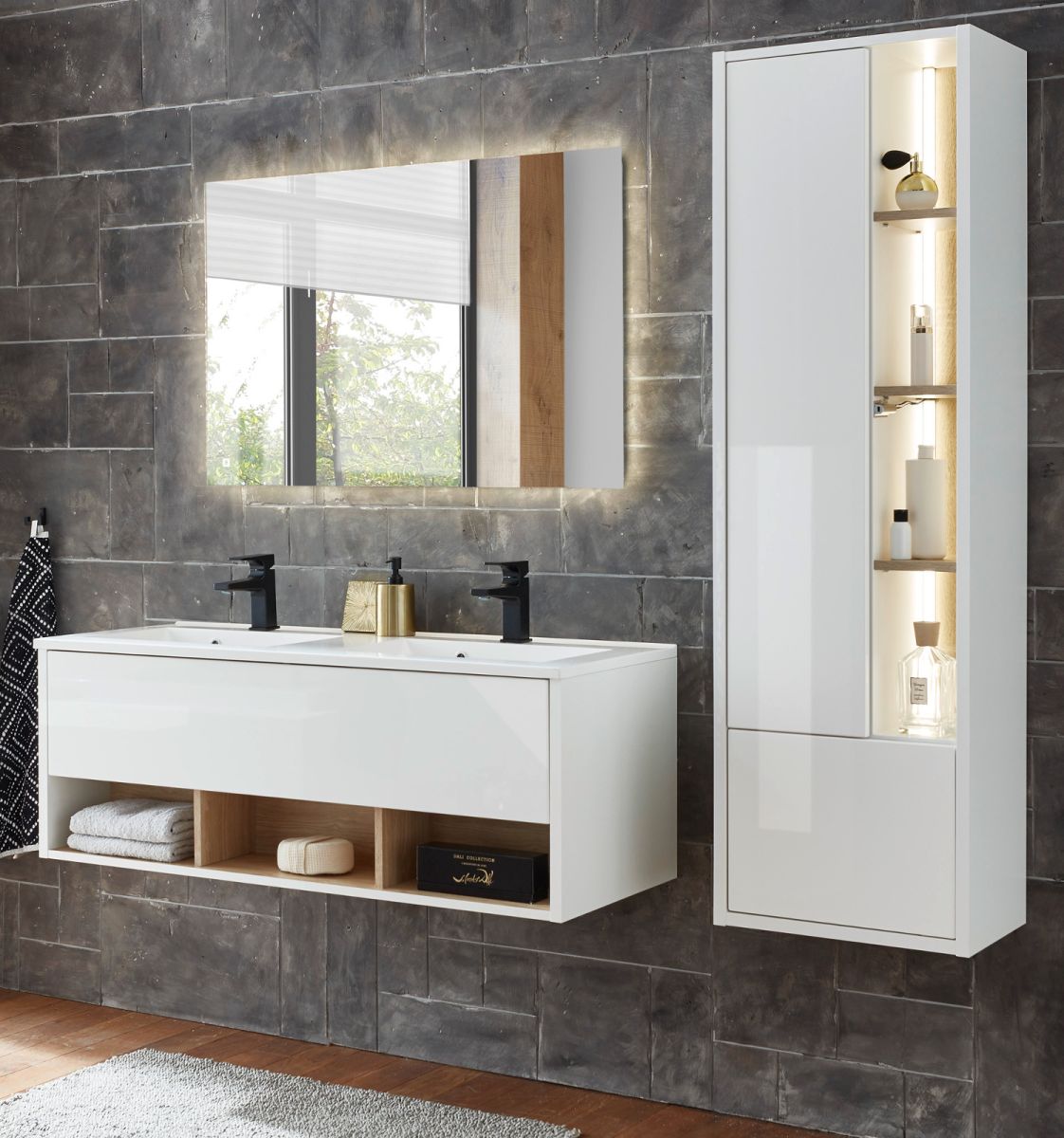 Badmöbel Set Glide in weiß Hochglanz und Eiche 175 x 190 cm