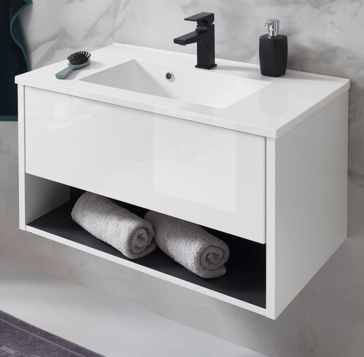 Waschbeckenunterschrank mit Waschbecken Glide in weiß Hochglanz und grau 80 cm