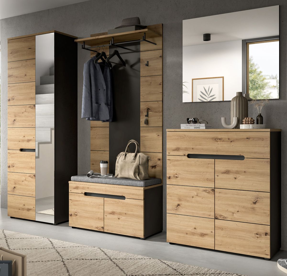 Garderobe Set 5-tlg. Cooper in Eiche und grau 255 cm