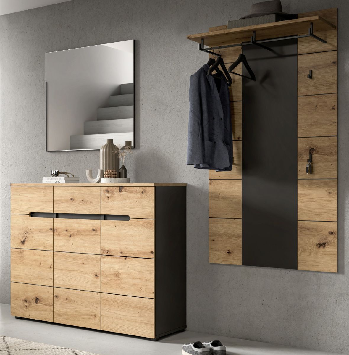 Garderobe Set 3-tlg. Cooper in Eiche und grau 215 cm