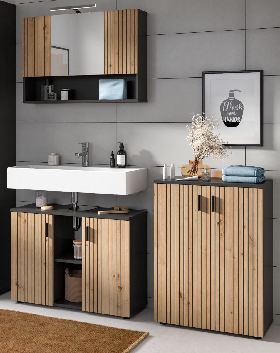 Badmöbel Set Livia in Eiche und grau 3-teilig 155 cm