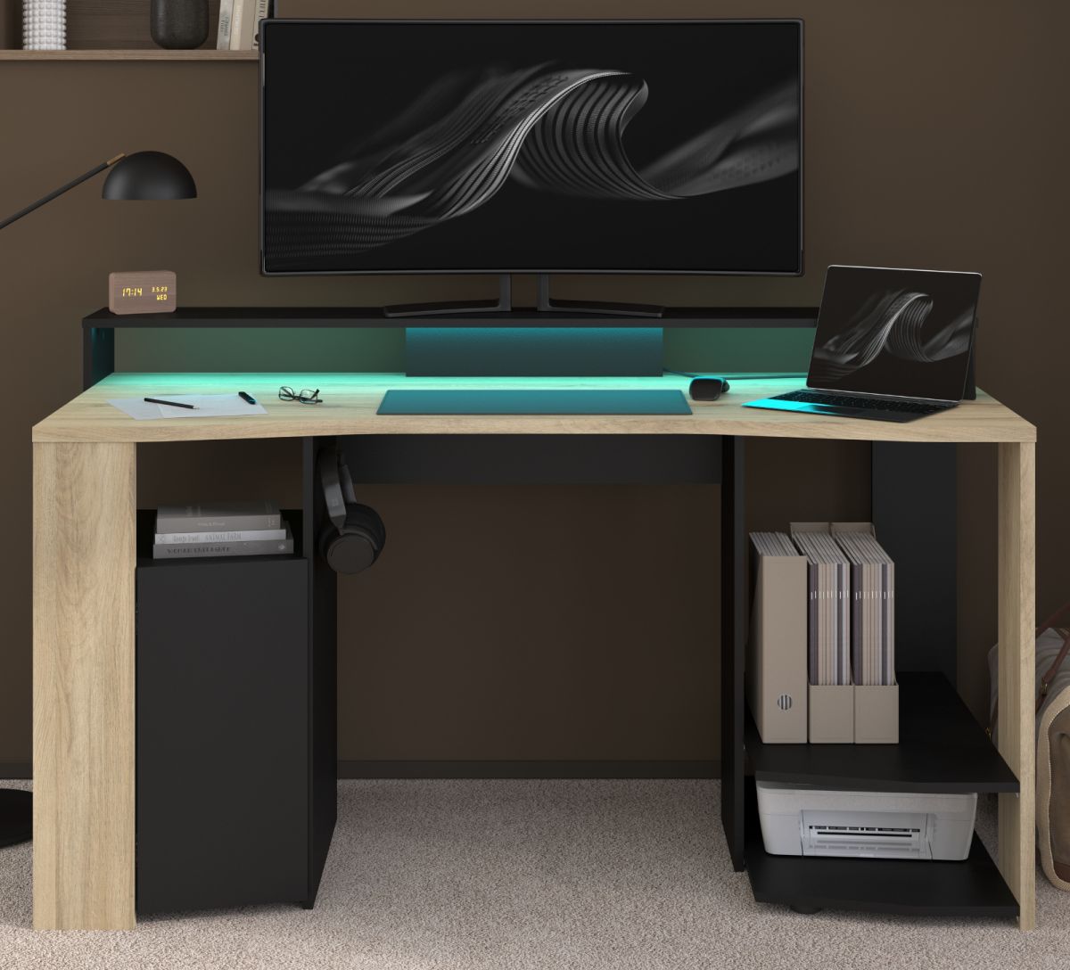 Parisot Gamingtisch in Eiche und schwarz Gaming Tisch mit LED