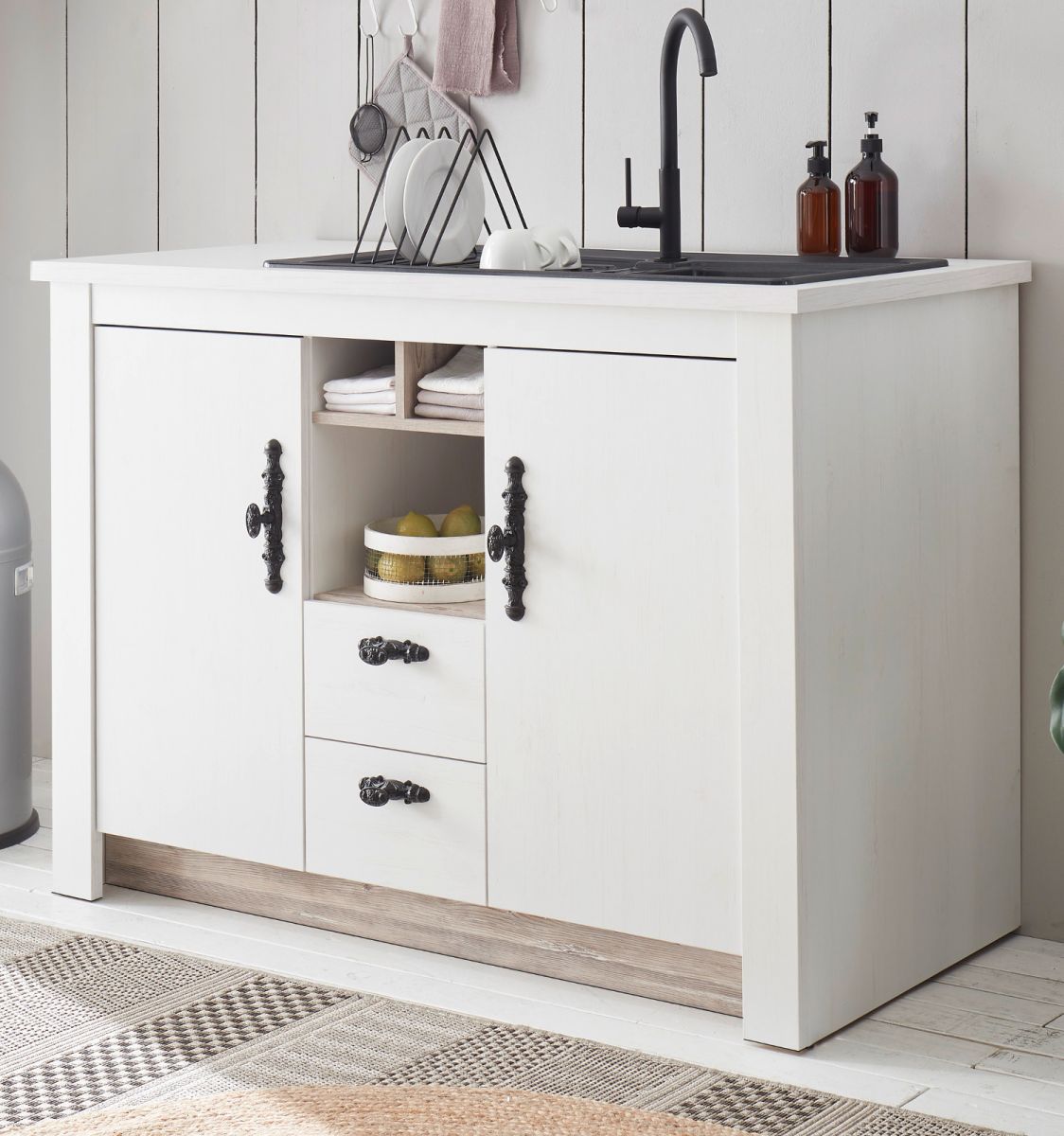 Küche Unterschrank Rovola in Pinie weiß Landhaus 129 cm