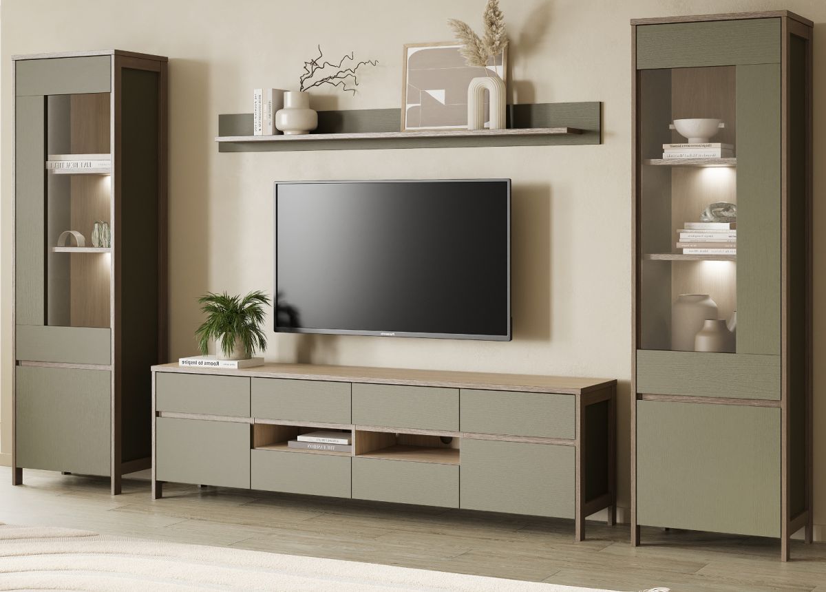 Wohnwand Finnes in Salbei und Eiche 339 x 195 cm