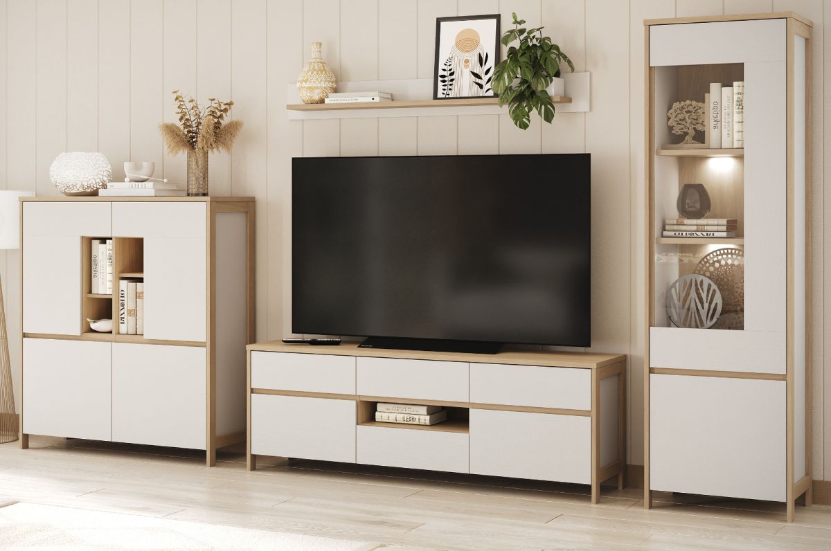 Wohnwand Finnes in weiß und Eiche 363 x 195 cm